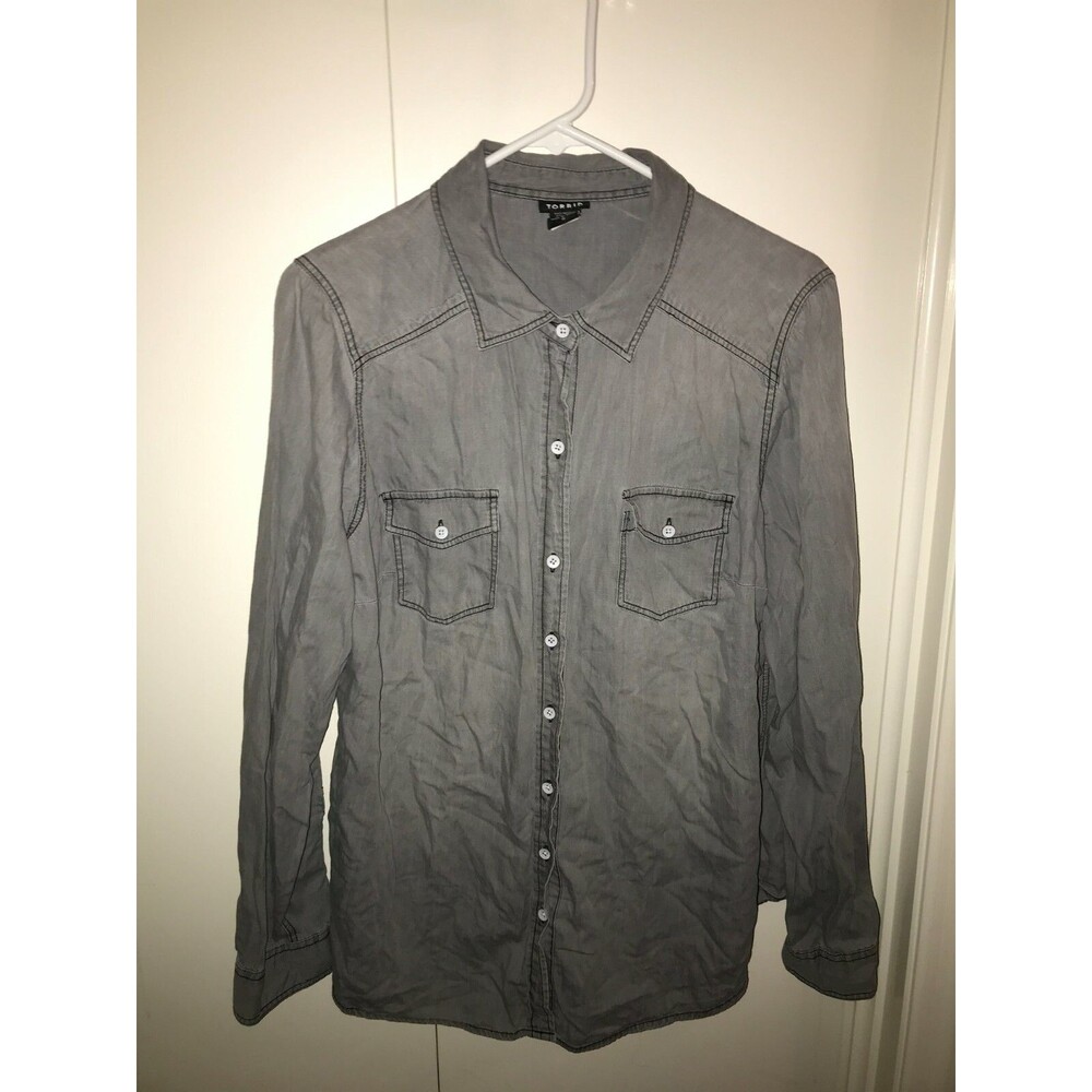 Torrid Sz 0 Women’s Shirt Large Gray Solid Button Front Long Sleeve Casual